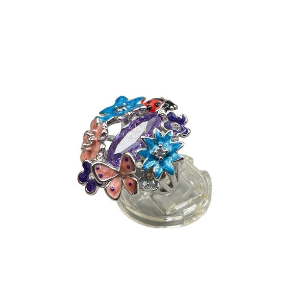 Enamel Flowers & Butterfly Ring Size 7 Silver Tone Cocktail Ring Summer Colorful - Picture 1 of 9